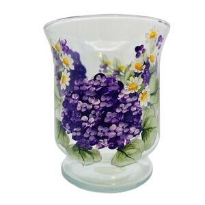 3/$30 Glass candle holder or vase. Hand painted with purple & white flowers